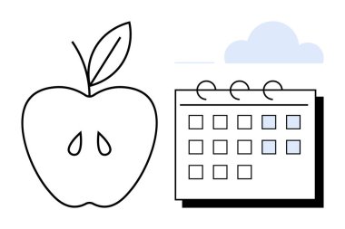 Yumuşak bulutların altında takvimin yanında tohum ve yaprak olan elma. Sağlık, diyet, takvim, sağlık planlaması, beslenme, spor, alışkanlıklar, basit düz metafor