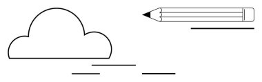 Yaratıcılık, yazma, eğitim, tasarım planlama, yenilik, beyin fırtınası. Bulut ve kalemin lineer elementlerle minimalist grafiği. Görsel basitlikte yaratıcılık ve yazma teması