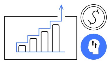 Finansal büyüme kavramı. Finansal büyüme, yükselen bir grafik, dolar sembolü ve zihinsel odaklanma ile resmedilmiş. Yatırım, strateji, kâr, iş analizi ve kişisel gelişim için mali büyüme