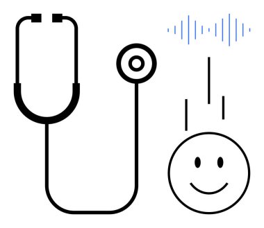 Tıbbi ses teknolojisi. Stetoskop ses dalgalarına, gülen bir yüze ve tıbbi dinleme cihazlarına bağlanır. Tıbbi ses, sağlık kontrolü ve yenilikleri teşvik eder. Sağlık hizmetleri için mükemmel