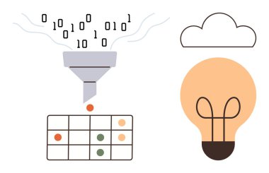 İkili kod huniye akar ve ızgarada organize veri oluşturur. Bulut ve ampul teknolojiyi, yeniliği ve fikirleri sembolize eder. Teknoloji, yapay zeka, analiz, yaratıcılık ve geliştirme için ideal