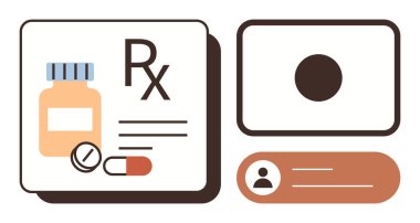 İlaç şişesi, ilaç ikonları ve hasta kartı olan eczacılık konsepti. Sağlık, eczane, reçete, teletıp, tıbbi kayıtlar, hasta bilgileri için ideal basit düz metafor