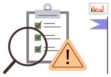 Kontrol listesinin üzerindeki büyüteç, üçgen uyarı işareti, çubuk grafik ve bayrak. Risk analizi, proje yönetimi, denetim, kalite kontrolü, sorun çözme araştırması ve karar verme süreci için ideal