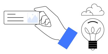 Kimlik doğrulama, yaratıcılık, yenilik, problem çözme, beyin fırtınası, kişisel bilgiler. Ampul ve bulutun yanında kart tutan bir el. Yaratıcılık ve kimlik doğrulama kavramı