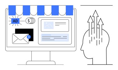 Dijital pazarlama konsepti. Dijital araçlar büyümeyi yönlendiren reklamları, e-postayı ve analitiği destekliyor. Dijital pazarlama çevrimiçi iş stratejisini ve müşteri katılımını etkiler. E-ticaret için, girişimler