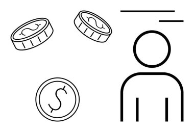 Finansal yönetim, kişisel zenginlik, ekonomik karar verme, tasarruf, bütçe, iş stratejisi. Paraları ve bir insanı gösteren çizgiler. Mali yönetim ve kişisel zenginlik kavramları