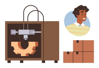 3D yazıcı, dairesel çerçevede gülümseyen bir insanla bir dişli yapıyor ve karton kutular yığıyor. Teknoloji, üretim, prototip, yenilik, lojistik, yaratıcılık ve takım çalışması için ideal