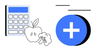 Beslenme konsepti. Sağlık sembolleri, elma, brokoli ve artı işaretinin yanında hesap makinesi ile gıda planlaması. Beslenme, yemek planlamasında, dengeli beslenme düzeninde ve sağlıklı yaşamada yardımcı olur. İdeal