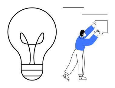 Yaratıcılık konsepti. Yaratıcılık bir ampul ve düşünce balonunu düzenleyen bir kişi ile vurgulanır. Yaratıcılık fikirleri ve yenilikleri yönlendirir. İş, tasarım, eğitim, beyin fırtınası, yenilik