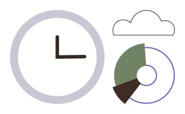 Bulut ve pasta grafiğiyle zamanı gösteren saat analitiği gösteriyor. Üretkenlik, planlama, verimlilik, veri analizleri, bulut hizmetleri, modern tasarım temaları, basit düz metafor