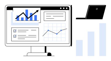Veri analiz konsepti. İç görü ve performans takibi için grafik ve grafik içeren veri analizleri. İş, finans, teknoloji ve araştırma için veri odaklı kararlar. Geniş kullanım iş planlaması