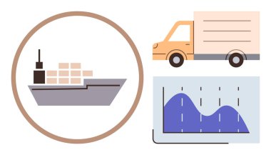 Kargo gemisi, teslimat kamyonu ve ulaşım, tedarik zinciri ve uluslararası ticareti temsil eden veri tablosu. Lojistik, iş planlaması, nakliye işlemleri, ticari analitik nakliyat için ideal