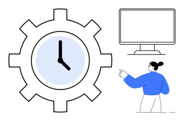 Zaman yönetimi, verimlilik, iş akışı verimliliği, görev organizasyonu, teknoloji kullanımı, işyeri planlaması. Vites şeklinde bir saat, bir bilgisayar ekranı ve işaret eden biri. Zaman yönetimi