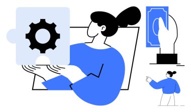 İş çözümleri, takım çalışması, finansal işlemler, karar verme, rehberlik, problem çözme. Elinde teçhizat bulmacası olan bir kadın, elinde para işareti olan bir el. Sorun çözme ve finansal