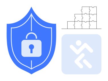 Güvenlik kavramı. Güvenliği arttıran kilitli bir kalkan. Bulmaca parçaları problem çözme ve işbirliği. Aktivite için soyut hareket simgesi. IT, veri, problem çözme, takım çalışması ve dijital için