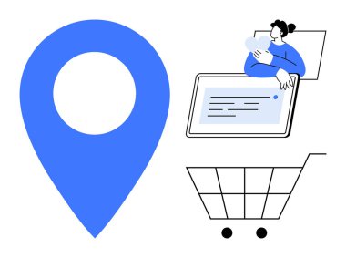 E-ticaret konsepti. Harita broşlu e-ticaret, alışveriş arabası ve dijital kullanıcı etkileşimi. E-ticaret teknolojisi online alışveriş ve tüketici katılımını arttırıyor. Perakende, lojistik, uygulamalar ve UX için