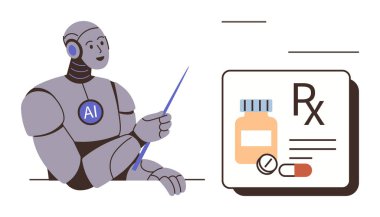 Yapay zeka robotu, ilaç şişesi, kapsül ve RX işaretinin bulunduğu dijital reçete arayüzünün yanında işaret tutuyor. Sağlık hizmetleri yeniliği, tıp teknolojisi, yapay zeka uygulamaları, eczane, gelecek için ideal