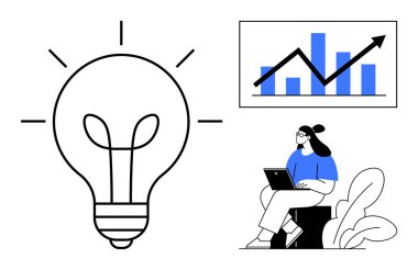 İş büyümesi. Ampul fikirleri, analiz için dizüstü bilgisayar kullanan bir kadın ve artan çıta ilerlemesiyle artan grafik. Yenilik, analitik, girişimcilik, piyasa araştırması ve başarı için elverişli