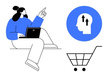 E-ticaret konsepti. E-ticaret fikirleri online alışveriş, kişisel büyüme ve dijital öğrenme. Alışveriş arabası, dizüstü bilgisayarı ve insani gelişimi olan bir e-ticaret. İş ve eğitim için uygun