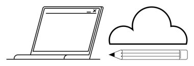 Bulut hesaplama, çevrimiçi depolama, dijital not alma, uzaktan çalışma, yaratıcı tasarım ve teknoloji kavramları. Laptop penceresi, bulut simgesi ve kalem grafiği. Bulut bilgisayarı ve çevrimiçi depolama