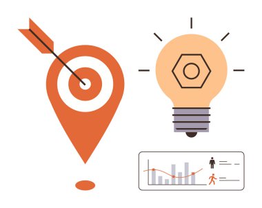 Oklu işaret, aydınlatıcı ampul ve büyüme ve hedef başarısını gösteren analitik çizelgesi. Strateji, planlama, yenilik, analitik, hedefler, liderlik motivasyonu için ideal