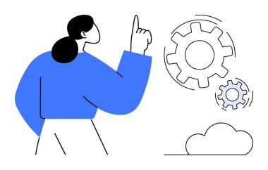 İş akışı optimizasyonu, yenilik, problem çözme, teknoloji, iş çözümleri, takım çalışması. Bir kadın birbirine kenetlenmiş dişlileri bir bulutla işaret ediyor. Çalışma akışı optimizasyonu ve yenilik kavramı