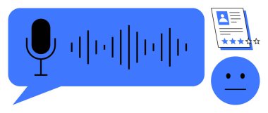 Ses dalgaları, geri bildirim formları ve duygu yüzlü mikrofon. İletişim, geri bildirim, anket, teknoloji, duygusal tepki dijital ses incelemesi için ideal. Basit düz metafor