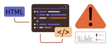 HTML etiketi, hata işaretleriyle kodlama arayüzü, üçgen uyarısı ve analiz grafiği. Kodlama, hata ayıklama, programlama, hata yönetimi, veri analiz yazılımı düz tasarım metaforu için ideal