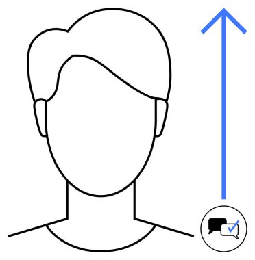 Ana hatları yukarı doğru ok, konuşma balonu ve işaret ile büyüme ve ilerleme üzerine odaklanmış. Öz gelişim, iletişim, büyüme, geri bildirim, karar verme, başarı ve basitlik için ideal