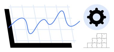 Veri analizi görsel. Grafikli veri trendleri, ikon verimliliği ve problem çözmek için yapboz parçaları. Veri analizi iş, teknoloji, karar verme, analitik ve stratejiyi destekler