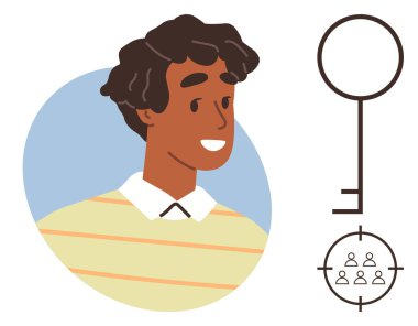 Gülümseyen kişi, çözümleri sembolize eden anahtar ikon, altında hedef grup. Takım çalışması, liderlik, fırsatlar, strateji, kişisel büyüme çeşitliliği için ideal. Basit düz metafor