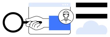 Tarayıcı penceresinin üzerinde büyüteç, kullanıcı profili ve veri bölümlerinin altını çizmek. Araştırma, analiz, adam toplama, güvenlik, teknoloji ve dijital kimlik için ideal. Modern basit