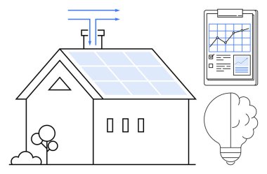 Yenilenebilir enerji, güneş enerjisi, sürdürülebilirlik, enerji verimliliği, veri analizleri, çevre dostu çözümler. Güneş panelleri olan ev, enerji akışı ampul şeması. Yenilenebilir enerji ve güneş enerjisi