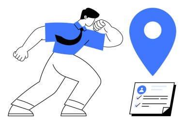 Profesyonel figür büyük bir konum işaretleyicisi ve hedefleri temsil eden bir kontrol listesi ile güvenle yürüyor. İş için ideal, kariyer büyümesi, görev yönetimi, konum tabanlı hizmetler, planlama