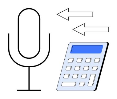 Ses kontrollü sistemler, fintech yenilikleri, ses tanıma, akıllı cihazlar, iletişim araçları, veri dönüştürme. Mikrofon, oklar ve hesap makinesi ses girişi ve veri dönüşümü. Ses.