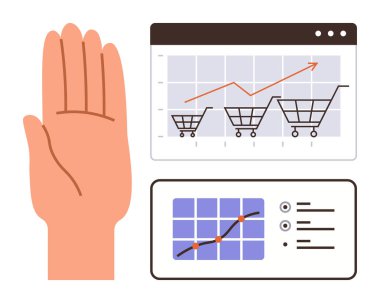 El işaretleri artmakta olan alışveriş arabası grafiğinin yanında duruyor, analitik gösterge paneli satış eğilimlerini izliyor. E-ticaret, strateji, büyüme kontrolü, analitik, iş hedefleri, tüketici davranışı, basit