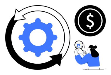 İş süreci optimizasyonu. Vites ve ok verimliliği, finansal büyüme için para birimi odağı ve bilgilendirilmiş kararlar için veri analizi. İş akışı, finans, analitik, strateji, kalkınma için ideal
