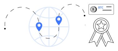 Kripto para birimi, engelleme zinciri, fintech, küresel işlemler, dijital ödemeler, güvenli ticaret. Yer işaretleri, Bitcoin sembolü ve yıldız rozeti olan bir küre. Kripto para birimi ve engelleme zinciri kavramı