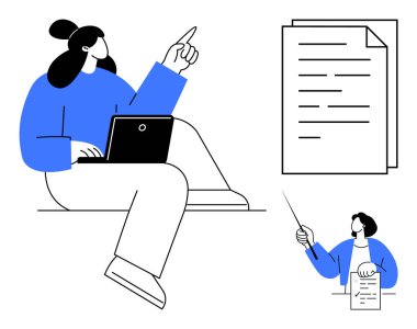 Ekip üyeleri bilgisayar, kağıt ve tartışmalarla dijital beyin fırtınası ve belge analizi yapıyor. Eğitim, iş birliği, strateji planlaması, iletişim, uzak çalışma için ideal