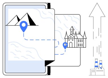 Seyahat planlaması, harita navigasyonu, dijital turizm, hedef keşifleri, macera rotaları, modern teknoloji. Üzerinde işaretler olan bir harita piramitleri ve bir kaleyi işaret ediyor. Seyahat planı