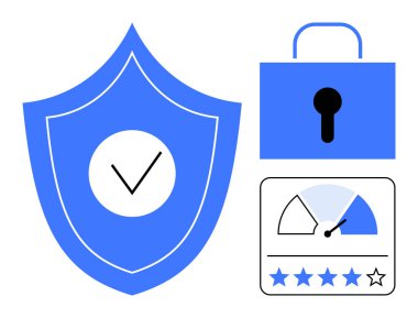 Siber güvenlik kavramı. Siber güvenlik ikonları güvenlik önlemleri, güvenli veri depolama ve kullanıcı güveni. Siber güvenlik araçları kalkan, kilit ve derecelendirme arayüzü yoluyla gösteriliyor. Teknoloji ve veri için ideal