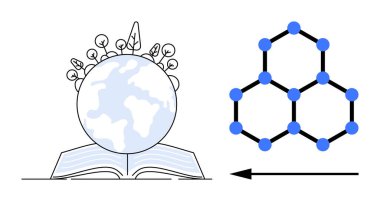 Eğitim ve araştırma konsepti. Küresel ekosistemin açık bir kitap üzerinde gelişmesi ve moleküler yapıyla eşleştirilmesi olarak gösterilen eğitim. Eğitim yeniliği, bilimi, çevresel çözümleri teşvik eder