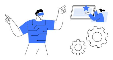 Sanal gerçeklik, otomasyon, dijital iş akışı, kullanıcı arayüzü, insan-makine etkileşimi, teknolojik kavramlar. VR kulaklık, dokunmatik ekran arayüzü ve vites çizimi kullanan bir adam. Sanal gerçeklik