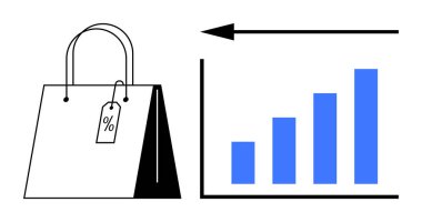 Satış artışı. İndirim etiketli alışveriş torbası ve yükselen bar tablosu satış büyümesini ve iş etkisini iletiyor. Satış artışı ve perakende, e-ticaret, iş analizleri, pazarlama eğilimleri