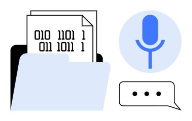 Veri organizasyonu, ses analizi, konuşma metni, dijital depolama, iletişim, teknoloji. Dosyada ikili kod, mikrofon ve sohbet balonu. Veri örgütü ve ses analizi