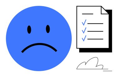 Duygusal ifade, görev tamamlama, akıl sağlığı, stres yönetimi, verimlilik, kişisel yansıma. Kontrol listesinin yanında hüzünlü mavi duygular. Duygusal ifade ve görev tamamlama kavramları