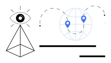 Teknoloji, yer belirleme, küresel iletişim, veri analizi, uzaktan izleme, navigasyon. Gözün soyut iyonu, piramit küresi ve konum belirteçleri. Teknoloji ve yer belirleme kavramları
