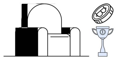 Başarı konsepti. Bir kupa, koltuk ve kripto para başarısı ve zenginlik. Finansal ödül olarak başarı ve tanınma. Finans, rekabet, liderlik, motivasyon zenginliği kavramları için