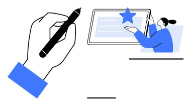 İçerik oluşturma, dijital iletişim, e-öğrenme, inceleme süreci, çevrimiçi eğitim, kullanıcı etkileşimi. Kalemle el çizimi ve tableti yıldızla gösteren bir kadın. İçerik oluşturma