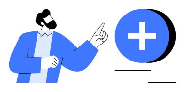 Büyüme konsepti. Bir adam mavi artı işaretini, ilerlemeyi, toplamayı ya da olumlu girişimleri işaret eder. Takım çalışmasındaki büyüme, yenilik, sağlık, strateji ve işbirliği